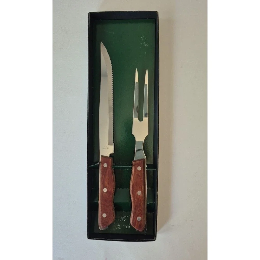 Maxam VTG Stainless Steel Wooden Carving Fork and Knife Set in Original Box CTCF